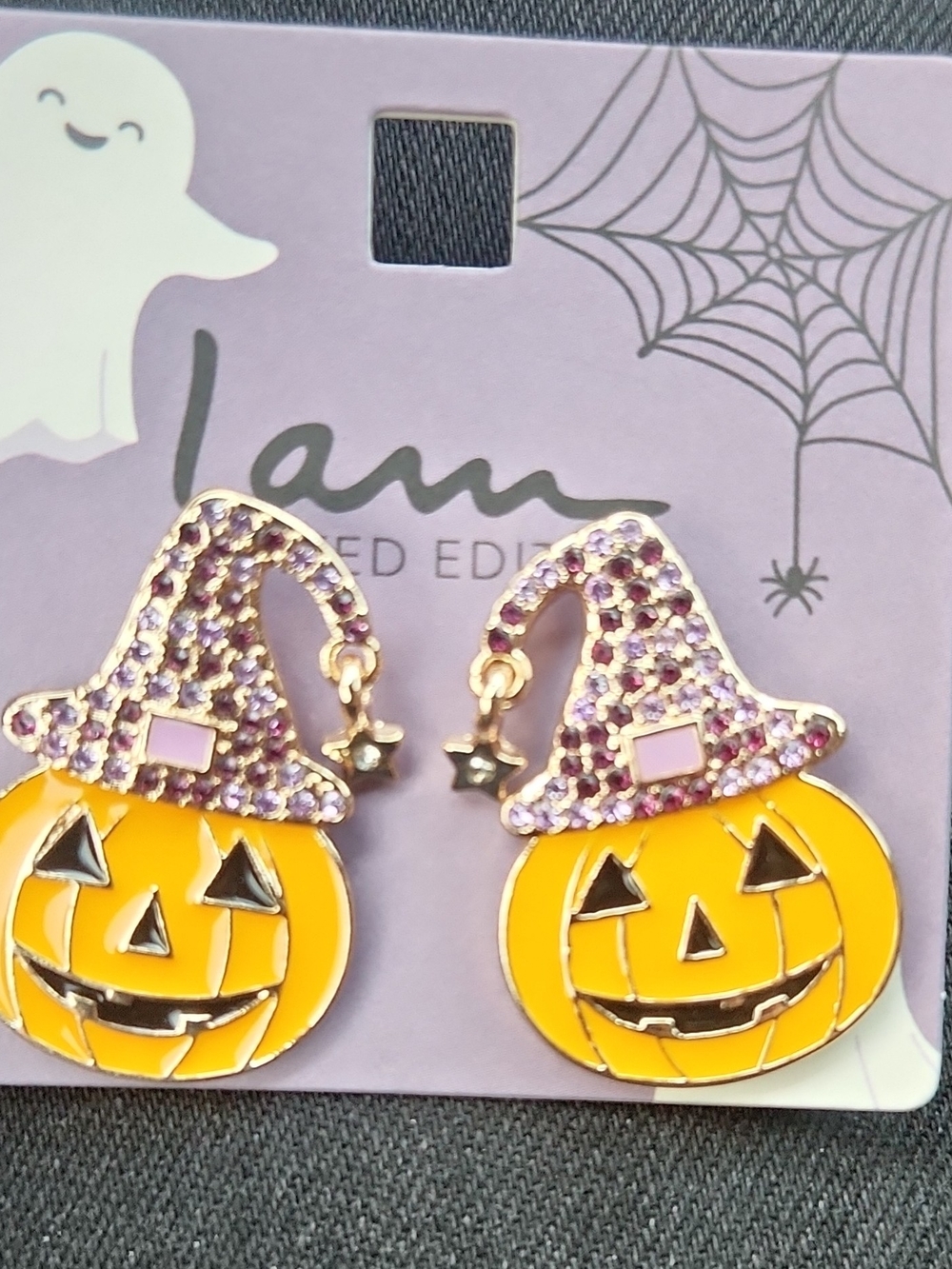 Halloween Jack-O'-Lantern Earrings with Purple Crystal Witch Hats